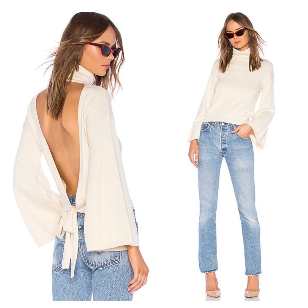 LPA Revolve Cybil Sweater in Cream Size XL Open Back Bell Sleeve Knit Turtleneck
